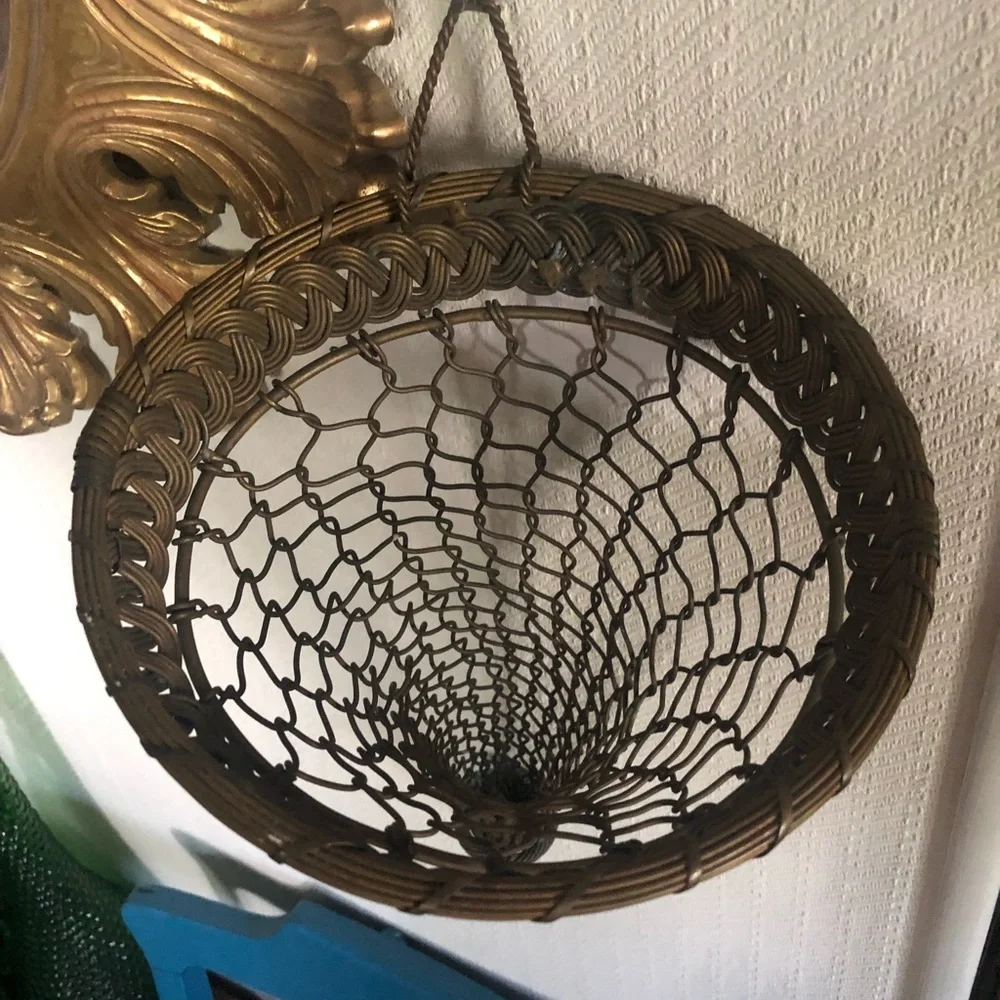 Antique French Brass Woven Chainmail-Style Wall Pocket Hanging Vase